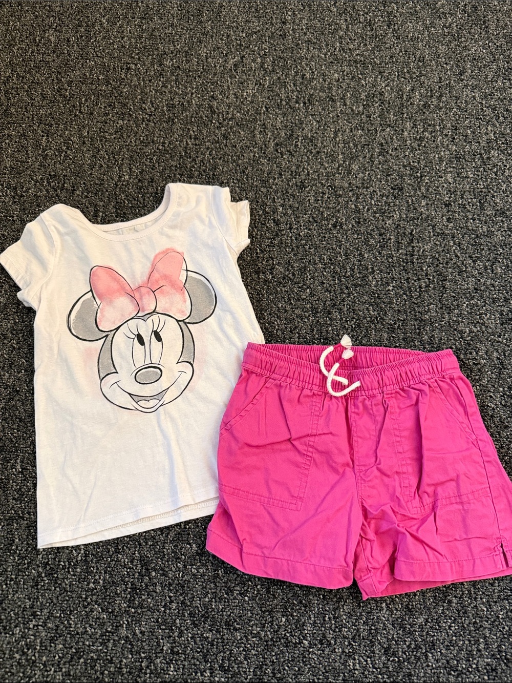 Disney Minnie Mouse White Tee with Pink Bow & Hot Pink Shorts
